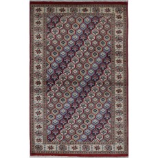 Hand Knotted Red, Ivory, Navy Blue Wool Area Rug | Turkish Hexagon Lattice Design Rug