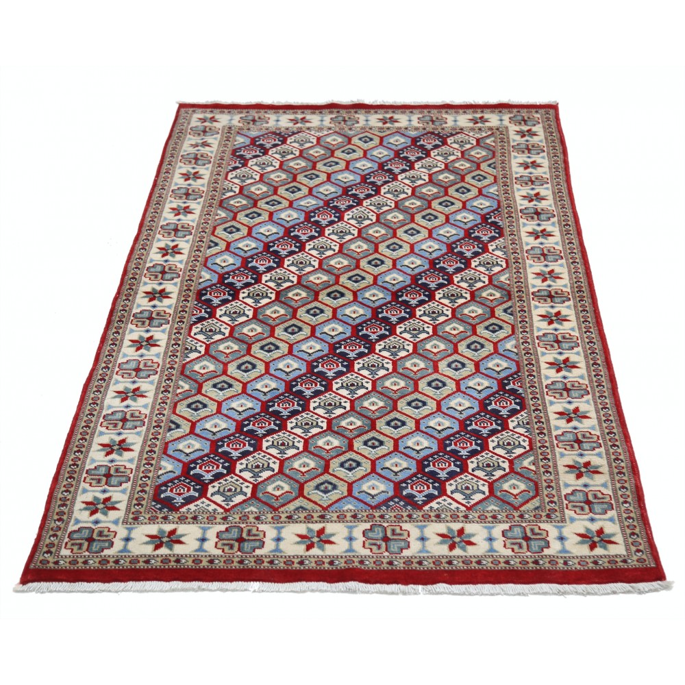 Hand Knotted Red, Ivory, Navy Blue Wool Area Rug | Turkish Hexagon Lattice Design Rug Hand Knotted Red, Ivory, Navy Blue Wool Area Rug | Turkish Hexagon Lattice Design Rug