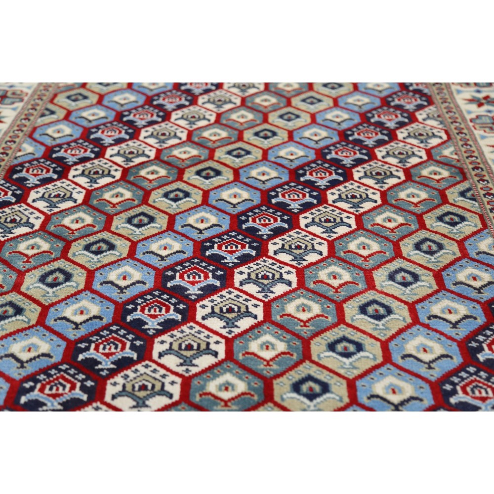 Hand Knotted Red, Ivory, Navy Blue Wool Area Rug | Turkish Hexagon Lattice Design Rug Hand Knotted Red, Ivory, Navy Blue Wool Area Rug | Turkish Hexagon Lattice Design Rug