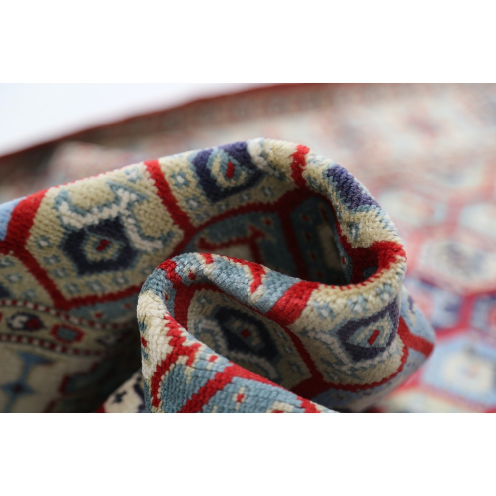 Hand Knotted Red, Ivory, Navy Blue Wool Area Rug | Turkish Hexagon Lattice Design Rug Hand Knotted Red, Ivory, Navy Blue Wool Area Rug | Turkish Hexagon Lattice Design Rug