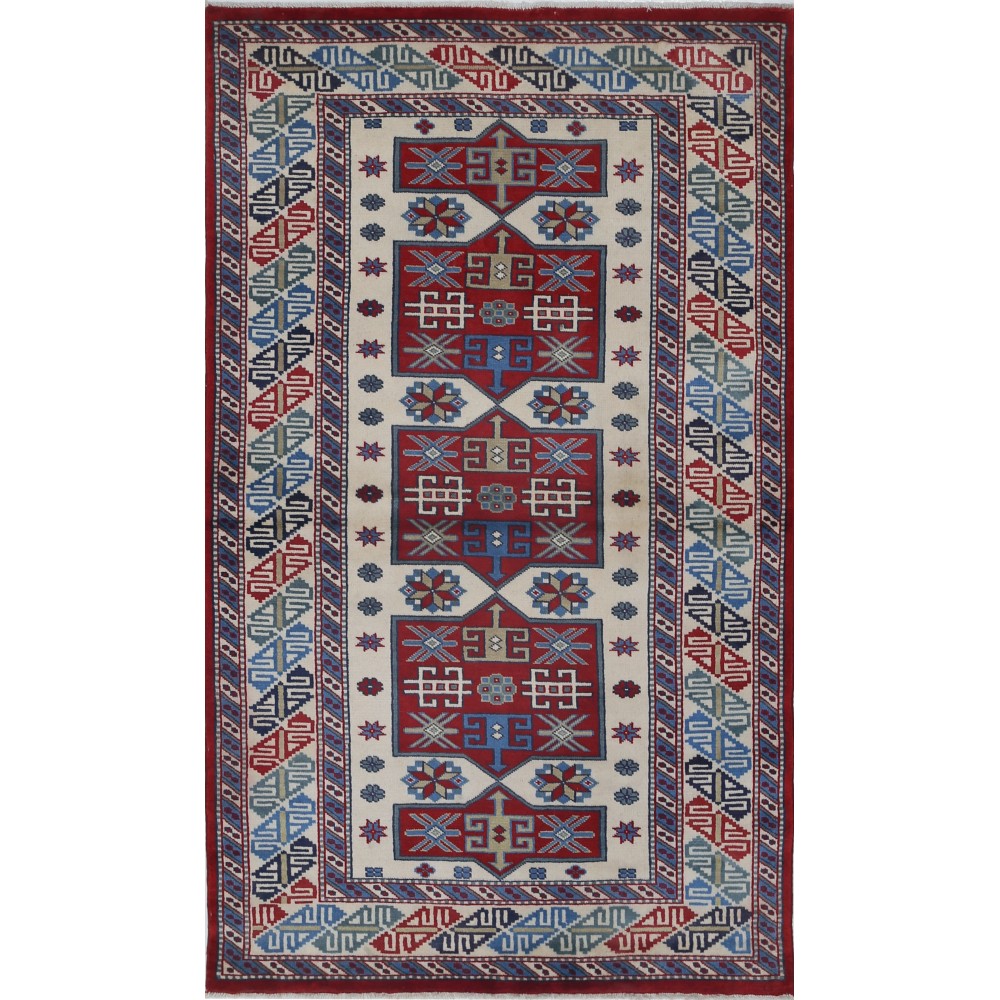 Hand Knotted Ivory, Red, Light Blue, Navy Blue Wool Area Rug | Turkish Tribal Motif Accent Rug Hand Knotted Ivory, Red, Light Blue, Navy Blue Wool Area Rug | Turkish Tribal Motif Accent Rug