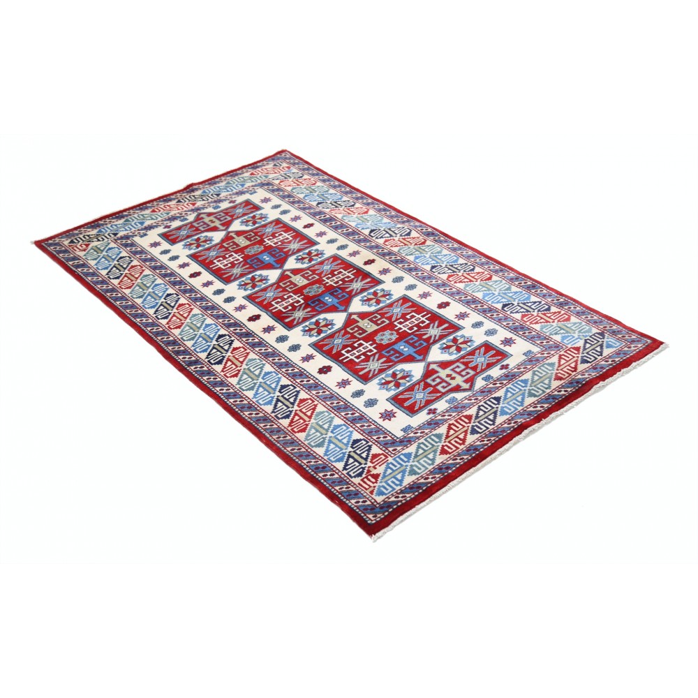Hand Knotted Ivory, Red, Light Blue, Navy Blue Wool Area Rug | Turkish Tribal Motif Accent Rug Hand Knotted Ivory, Red, Light Blue, Navy Blue Wool Area Rug | Turkish Tribal Motif Accent Rug