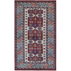 Hand Knotted Ivory, Red, Light Blue, Navy Blue Wool Area Rug | Turkish Tribal Motif Accent Rug