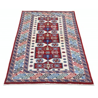 Hand Knotted Ivory, Red, Light Blue, Navy Blue Wool Area Rug | Turkish Tribal Motif Accent Rug