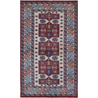Hand Knotted Ivory, Red, Light Blue, Navy Blue Wool Area Rug | Turkish Tribal Motif Accent Rug