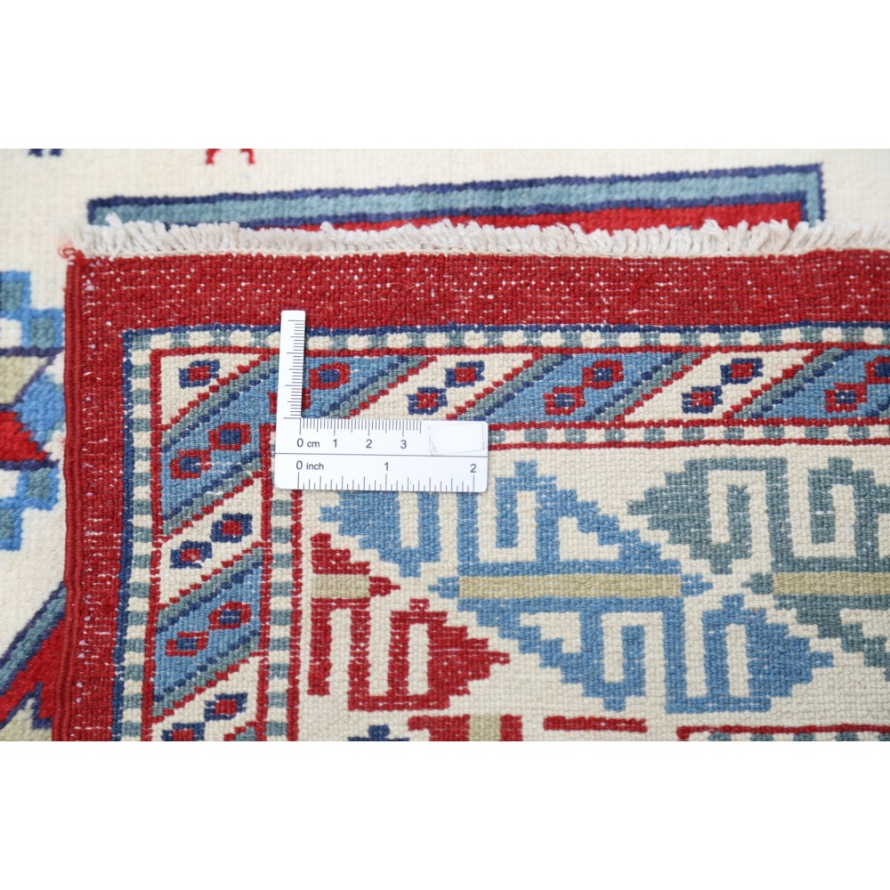 Hand Knotted Ivory, Red, Light Blue, Navy Blue Wool Area Rug | Turkish Tribal Motif Accent Rug Hand Knotted Ivory, Red, Light Blue, Navy Blue Wool Area Rug | Turkish Tribal Motif Accent Rug