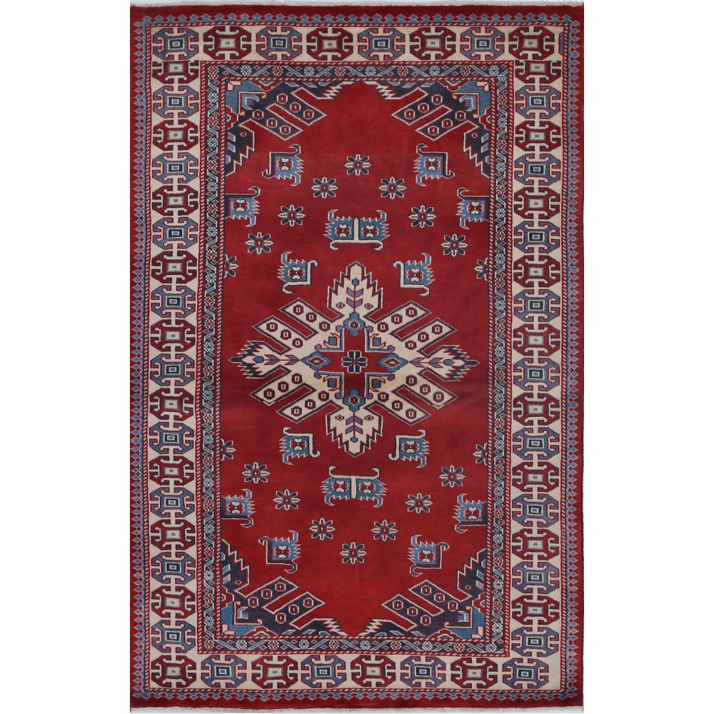 Hand Knotted Red, Navy Blue, Ivory, Light Blue Wool Area Rug | Turkish Tribal Style Accent Rug Hand Knotted Red, Navy Blue, Ivory, Light Blue Wool Area Rug | Turkish Tribal Style Accent Rug