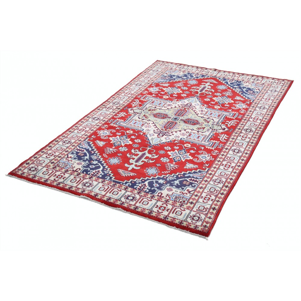 Hand Knotted Red, Navy Blue, Ivory Wool Area Rug | Turkish Geometric Medallion Design Accent Rug Hand Knotted Red, Navy Blue, Ivory Wool Area Rug | Turkish Geometric Medallion Design Accent Rug
