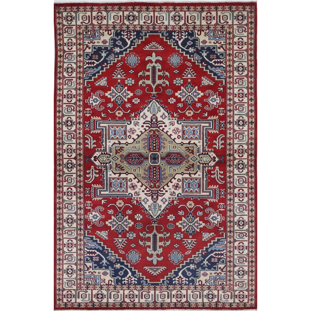 Hand Knotted Red, Navy Blue, Ivory Wool Area Rug | Turkish Geometric Medallion Design Accent Rug Hand Knotted Red, Navy Blue, Ivory Wool Area Rug | Turkish Geometric Medallion Design Accent Rug