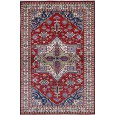 Hand Knotted Red, Navy Blue, Ivory Wool Area Rug | Turkish Geometric Medallion Design Accent Rug