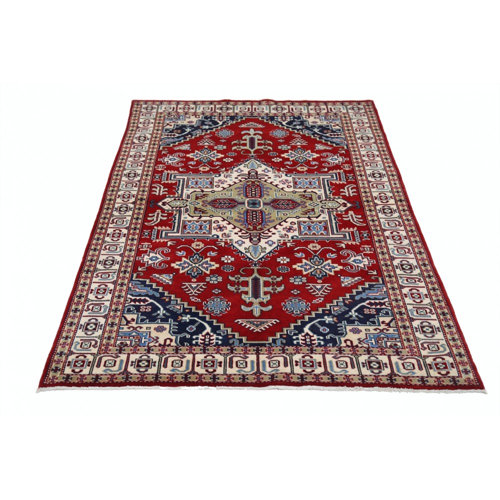 Hand Knotted Red, Navy Blue, Ivory Wool Area Rug | Turkish Geometric Medallion Design Accent Rug Hand Knotted Red, Navy Blue, Ivory Wool Area Rug | Turkish Geometric Medallion Design Accent Rug
