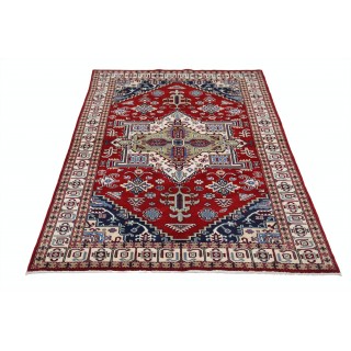 Hand Knotted Red, Navy Blue, Ivory Wool Area Rug | Turkish Geometric Medallion Design Accent Rug Hand Knotted Red, Navy Blue, Ivory Wool Area Rug | Turkish Geometric Medallion Design Accent Rug