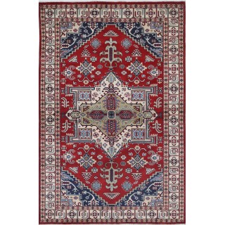 Hand Knotted Red, Navy Blue, Ivory Wool Area Rug | Turkish Geometric Medallion Design Accent Rug