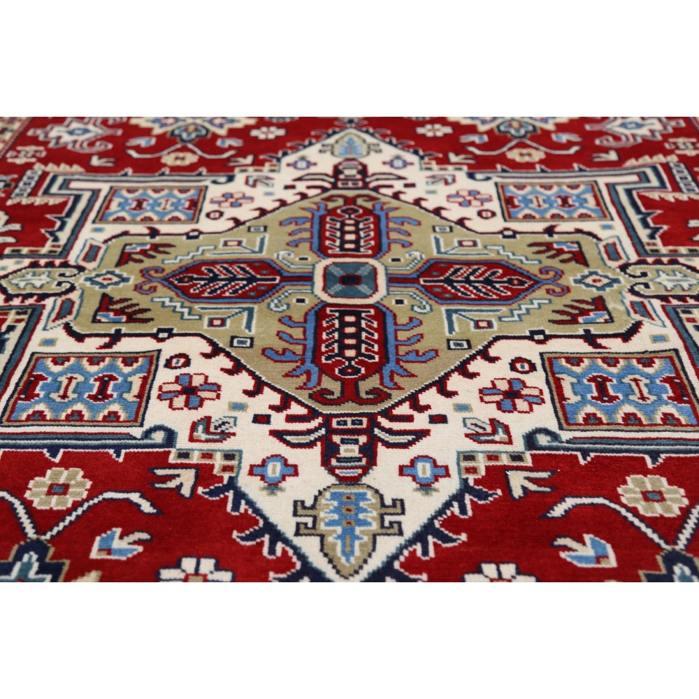 Hand Knotted Red, Navy Blue, Ivory Wool Area Rug | Turkish Geometric Medallion Design Accent Rug Hand Knotted Red, Navy Blue, Ivory Wool Area Rug | Turkish Geometric Medallion Design Accent Rug