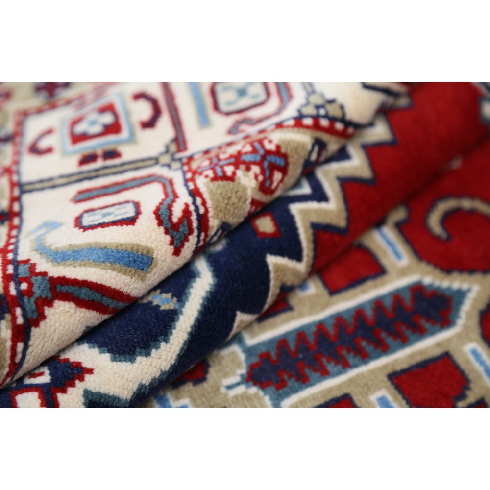 Hand Knotted Red, Navy Blue, Ivory Wool Area Rug | Turkish Geometric Medallion Design Accent Rug Hand Knotted Red, Navy Blue, Ivory Wool Area Rug | Turkish Geometric Medallion Design Accent Rug