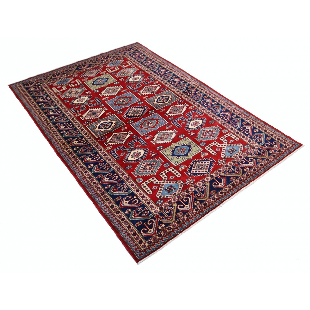 Hand Knotted Red, Navy Blue, Light Blue, Ivory Wool Area Rug | Turkish Tribal Motif Accent Rug Hand Knotted Red, Navy Blue, Light Blue, Ivory Wool Area Rug | Turkish Tribal Motif Accent Rug
