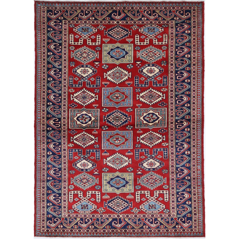 Hand Knotted Red, Navy Blue, Light Blue, Ivory Wool Area Rug | Turkish Tribal Motif Accent Rug Hand Knotted Red, Navy Blue, Light Blue, Ivory Wool Area Rug | Turkish Tribal Motif Accent Rug