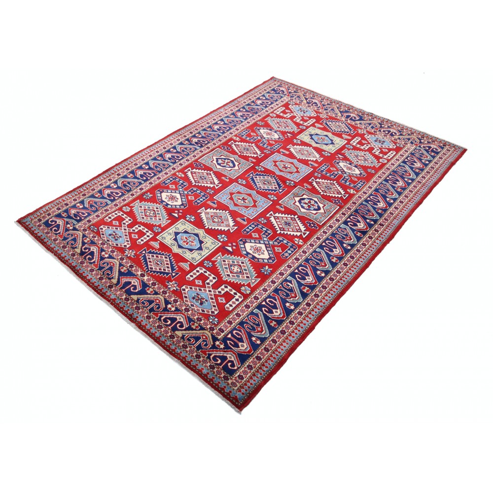 Hand Knotted Red, Navy Blue, Light Blue, Ivory Wool Area Rug | Turkish Tribal Motif Accent Rug Hand Knotted Red, Navy Blue, Light Blue, Ivory Wool Area Rug | Turkish Tribal Motif Accent Rug