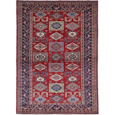 Hand Knotted Red, Navy Blue, Light Blue, Ivory Wool Area Rug | Turkish Tribal Motif Accent Rug