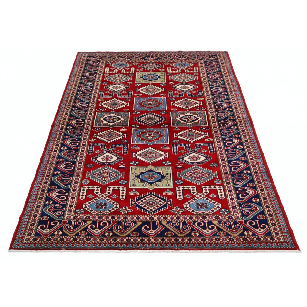 Hand Knotted Red, Navy Blue, Light Blue, Ivory Wool Area Rug | Turkish Tribal Motif Accent Rug Hand Knotted Red, Navy Blue, Light Blue, Ivory Wool Area Rug | Turkish Tribal Motif Accent Rug