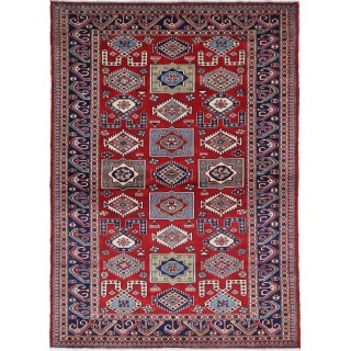 Hand Knotted Red, Navy Blue, Light Blue, Ivory Wool Area Rug | Turkish Tribal Motif Accent Rug