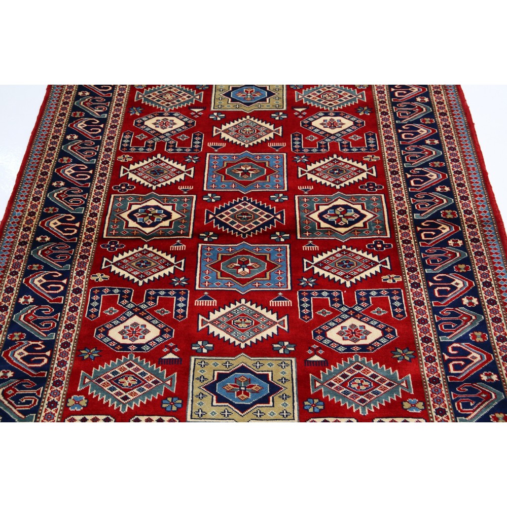 Hand Knotted Red, Navy Blue, Light Blue, Ivory Wool Area Rug | Turkish Tribal Motif Accent Rug Hand Knotted Red, Navy Blue, Light Blue, Ivory Wool Area Rug | Turkish Tribal Motif Accent Rug