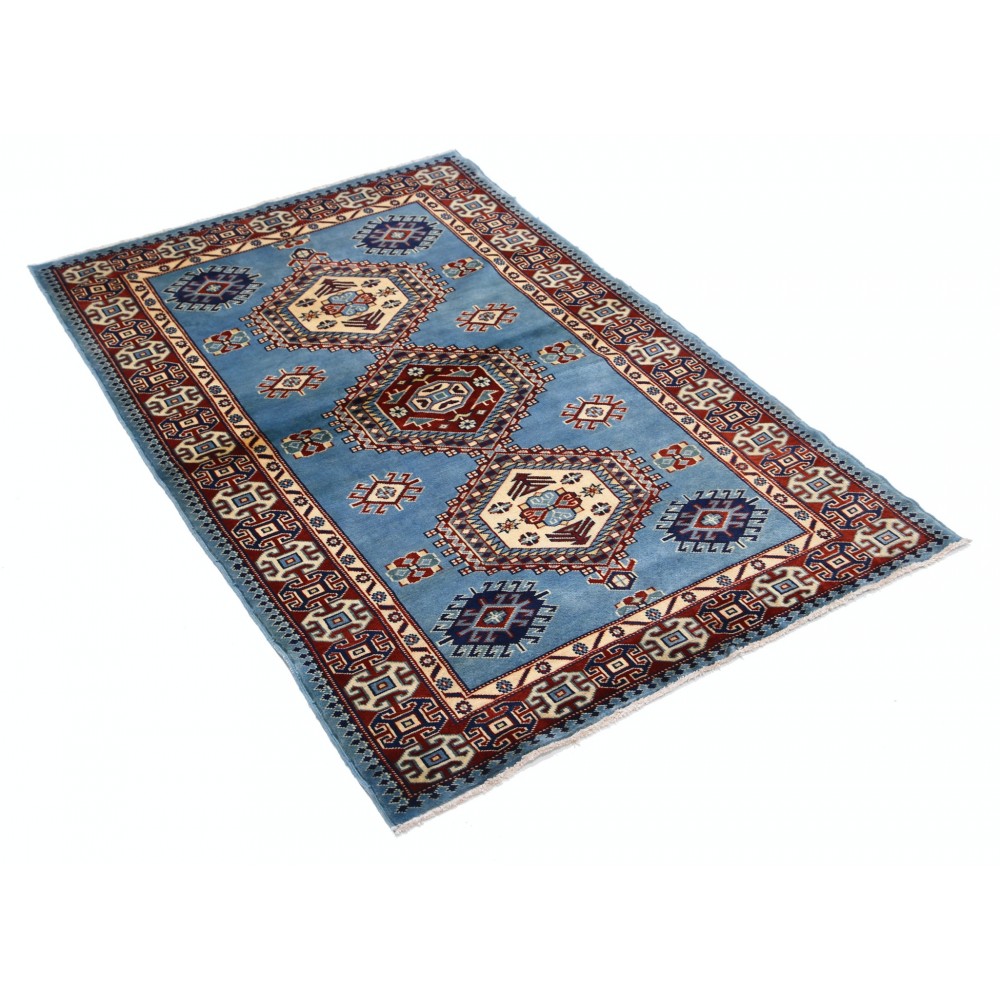 Hand Knotted Light Blue, Red, Ivory Wool Area Rug | Turkish Tribal Style Accent Rug