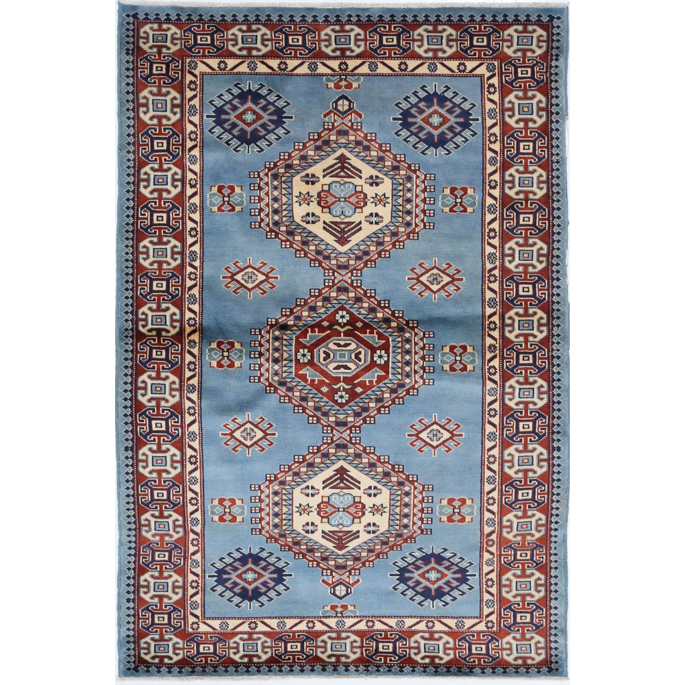 Hand Knotted Light Blue, Red, Ivory Wool Area Rug | Turkish Tribal Style Accent Rug