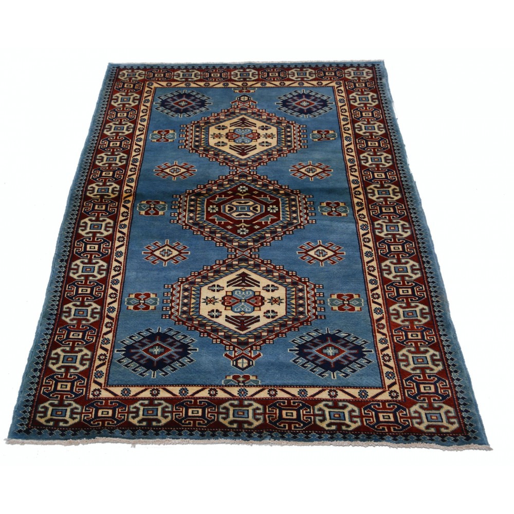 Hand Knotted Light Blue, Red, Ivory Wool Area Rug | Turkish Tribal Style Accent Rug