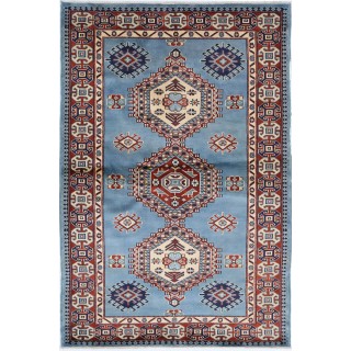 Hand Knotted Light Blue, Red, Ivory Wool Area Rug | Turkish Tribal Style Accent Rug