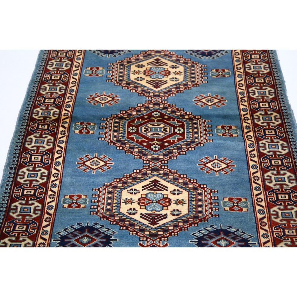 Hand Knotted Light Blue, Red, Ivory Wool Area Rug | Turkish Tribal Style Accent Rug
