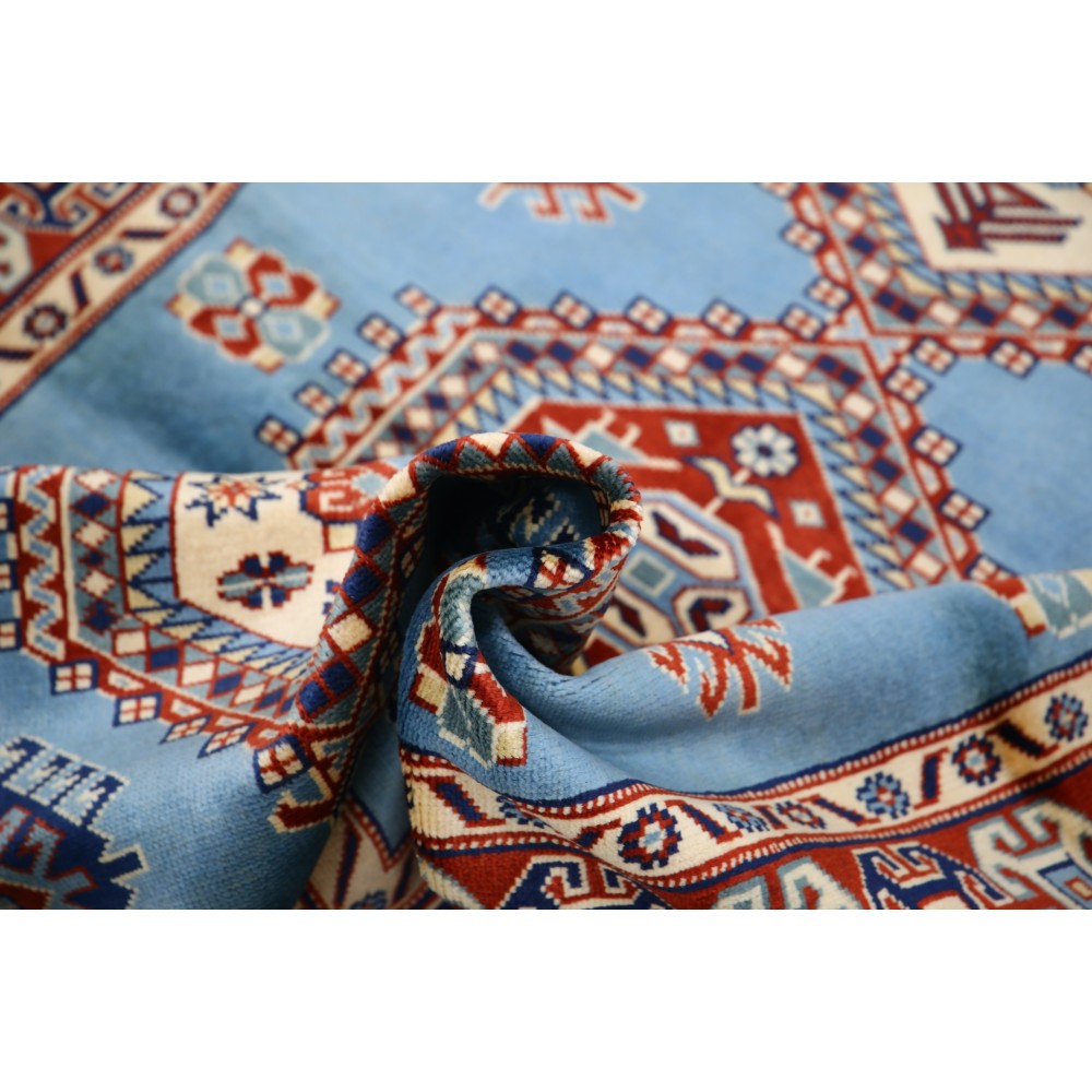 Hand Knotted Light Blue, Red, Ivory Wool Area Rug | Turkish Tribal Style Accent Rug