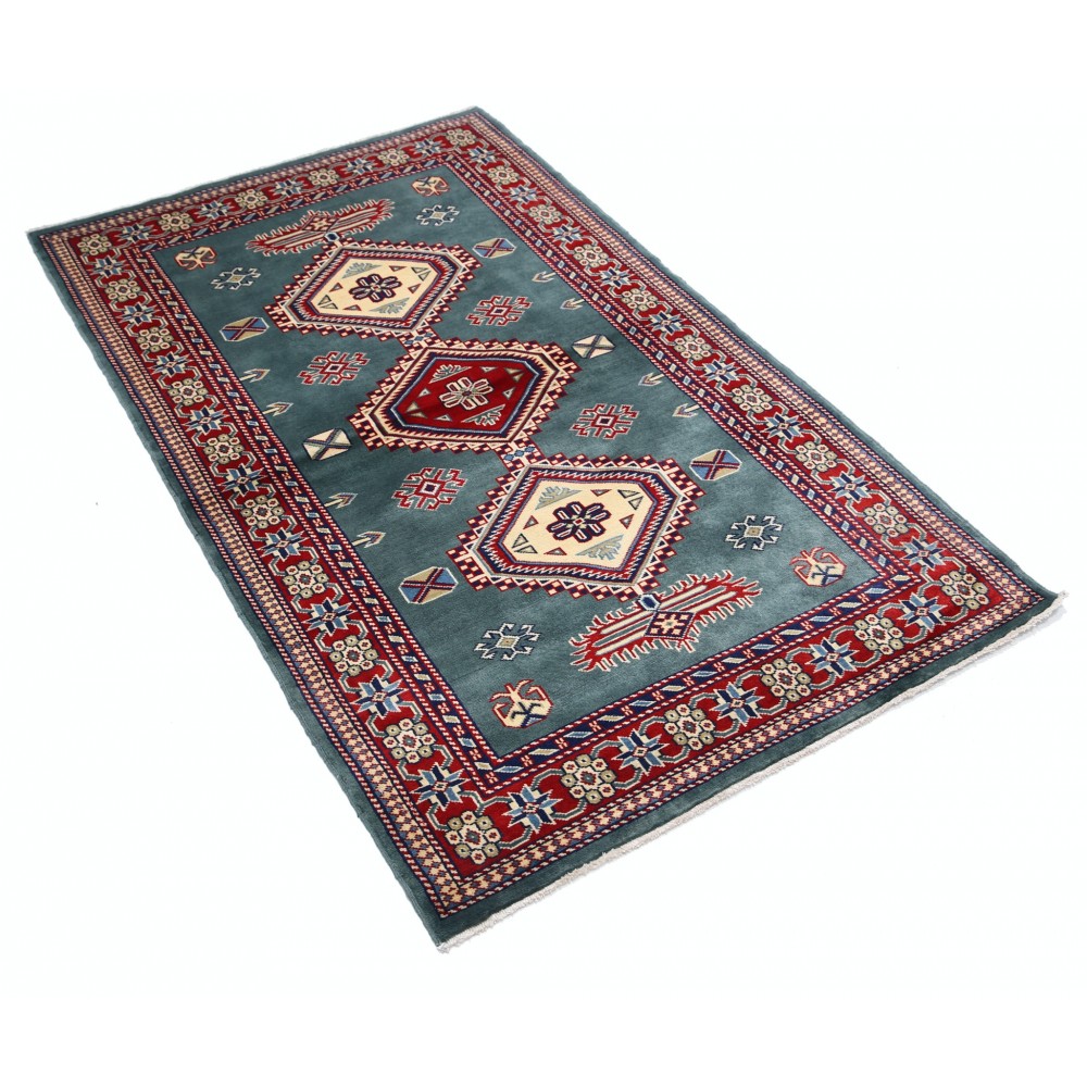 Hand Knotted Slate Blue, Red, Ivory Tribal Accent Rug | Geometric Design Wool Rug Hand Knotted Slate Blue, Red, Ivory Tribal Accent Rug | Geometric Design Wool Rug