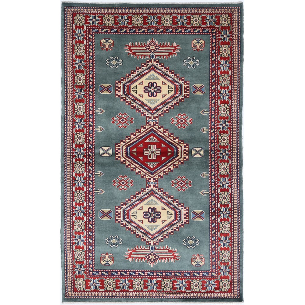 Hand Knotted Slate Blue, Red, Ivory Tribal Accent Rug | Geometric Design Wool Rug Hand Knotted Slate Blue, Red, Ivory Tribal Accent Rug | Geometric Design Wool Rug
