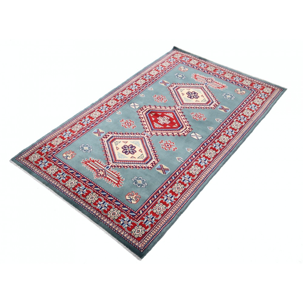 Hand Knotted Slate Blue, Red, Ivory Tribal Accent Rug | Geometric Design Wool Rug Hand Knotted Slate Blue, Red, Ivory Tribal Accent Rug | Geometric Design Wool Rug