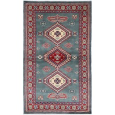 Hand Knotted Slate Blue, Red, Ivory Tribal Accent Rug | Geometric Design Wool Rug
