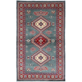 Hand Knotted Slate Blue, Red, Ivory Tribal Accent Rug | Geometric Design Wool Rug