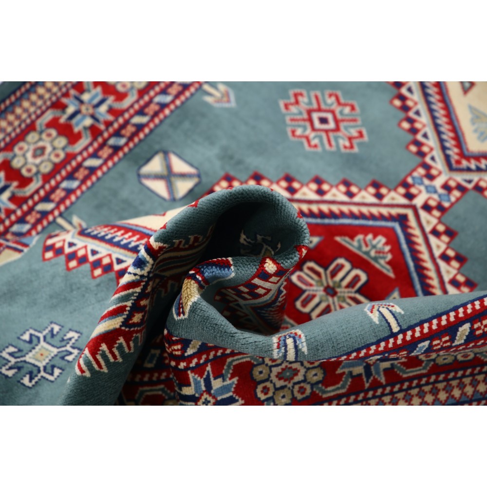 Hand Knotted Slate Blue, Red, Ivory Tribal Accent Rug | Geometric Design Wool Rug Hand Knotted Slate Blue, Red, Ivory Tribal Accent Rug | Geometric Design Wool Rug