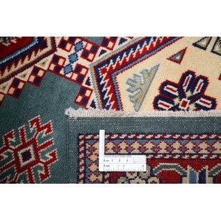 Hand Knotted Slate Blue, Red, Ivory Tribal Accent Rug | Geometric Design Wool Rug