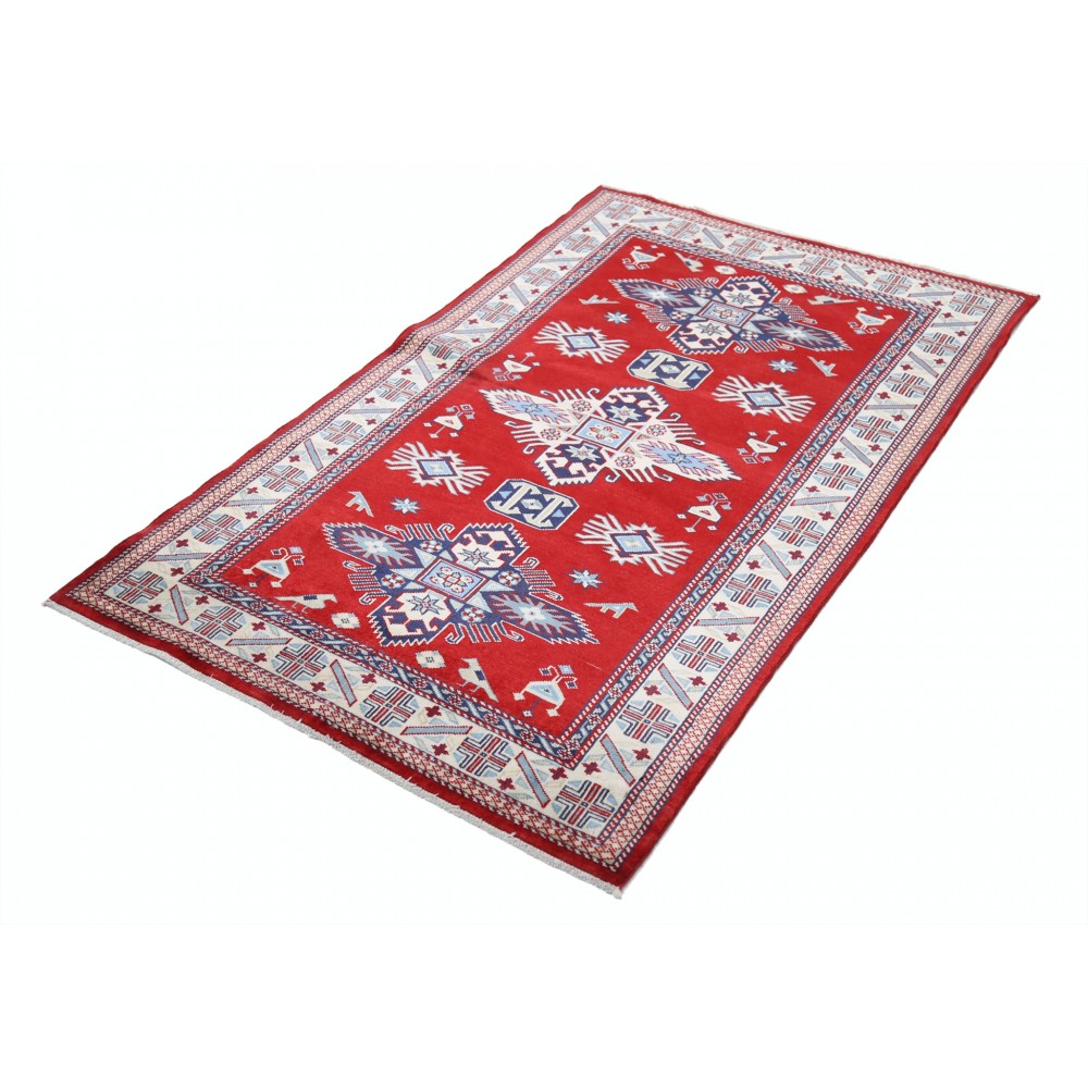 Hand Knotted Red, Navy Blue, Ivory, Light Blue Wool Area Rug | Turkish Tribal Motif Accent Rug Hand Knotted Red, Navy Blue, Ivory, Light Blue Wool Area Rug | Turkish Tribal Motif Accent Rug