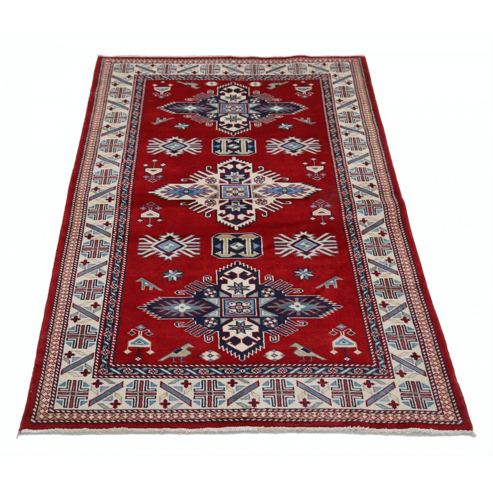 Hand Knotted Red, Navy Blue, Ivory, Light Blue Wool Area Rug | Turkish Tribal Motif Accent Rug Hand Knotted Red, Navy Blue, Ivory, Light Blue Wool Area Rug | Turkish Tribal Motif Accent Rug