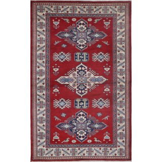 Hand Knotted Red, Navy Blue, Ivory, Light Blue Wool Area Rug | Turkish Tribal Motif Accent Rug