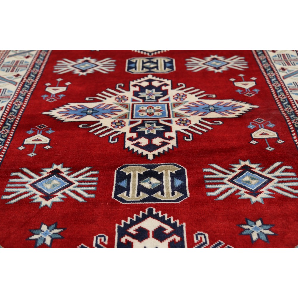 Hand Knotted Red, Navy Blue, Ivory, Light Blue Wool Area Rug | Turkish Tribal Motif Accent Rug Hand Knotted Red, Navy Blue, Ivory, Light Blue Wool Area Rug | Turkish Tribal Motif Accent Rug
