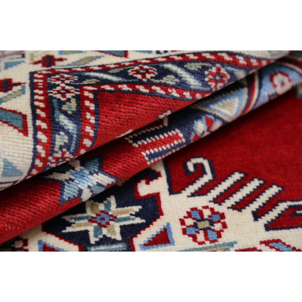 Hand Knotted Red, Navy Blue, Ivory, Light Blue Wool Area Rug | Turkish Tribal Motif Accent Rug Hand Knotted Red, Navy Blue, Ivory, Light Blue Wool Area Rug | Turkish Tribal Motif Accent Rug