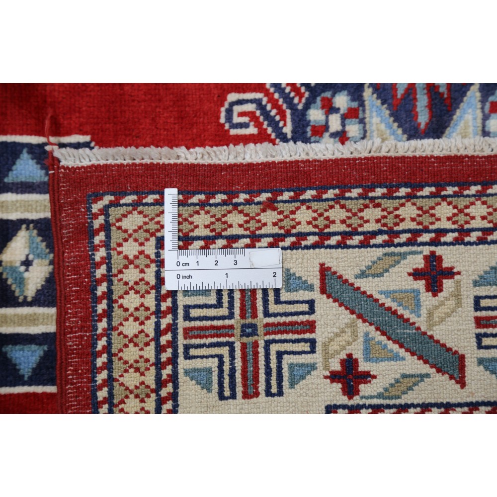 Hand Knotted Red, Navy Blue, Ivory, Light Blue Wool Area Rug | Turkish Tribal Motif Accent Rug Hand Knotted Red, Navy Blue, Ivory, Light Blue Wool Area Rug | Turkish Tribal Motif Accent Rug