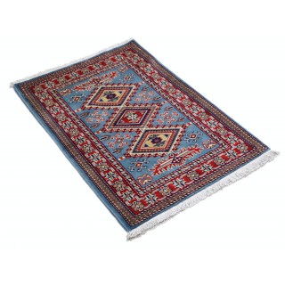 Hand Knotted Light Blue, Red, Ivory Wool Area Rug | Geometric Tribal Medallion Patterned Accent Rug