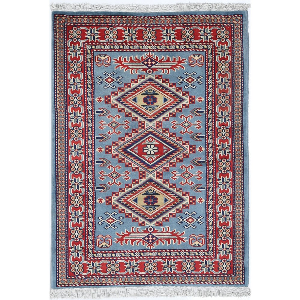 Hand Knotted Light Blue, Red, Ivory Wool Area Rug | Geometric Tribal Medallion Patterned Accent Rug Hand Knotted Light Blue, Red, Ivory Wool Area Rug | Geometric Tribal Medallion Patterned Accent Rug