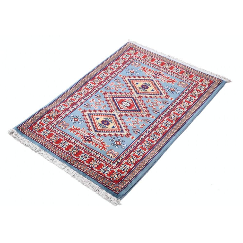 Hand Knotted Light Blue, Red, Ivory Wool Area Rug | Geometric Tribal Medallion Patterned Accent Rug Hand Knotted Light Blue, Red, Ivory Wool Area Rug | Geometric Tribal Medallion Patterned Accent Rug