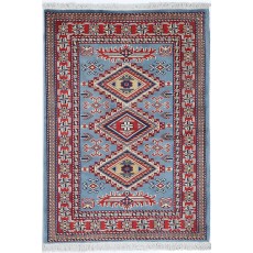 Hand Knotted Light Blue, Red, Ivory Wool Area Rug | Geometric Tribal Medallion Patterned Accent Rug