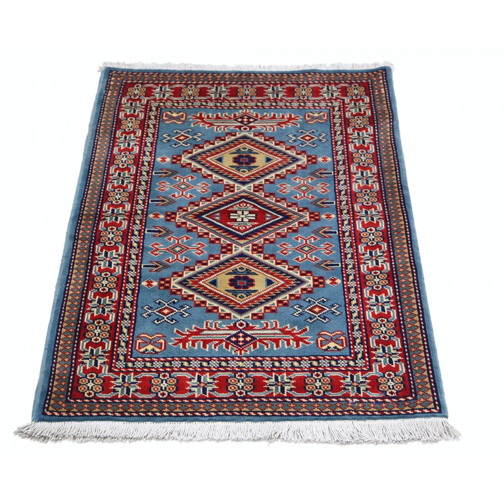 Hand Knotted Light Blue, Red, Ivory Wool Area Rug | Geometric Tribal Medallion Patterned Accent Rug Hand Knotted Light Blue, Red, Ivory Wool Area Rug | Geometric Tribal Medallion Patterned Accent Rug